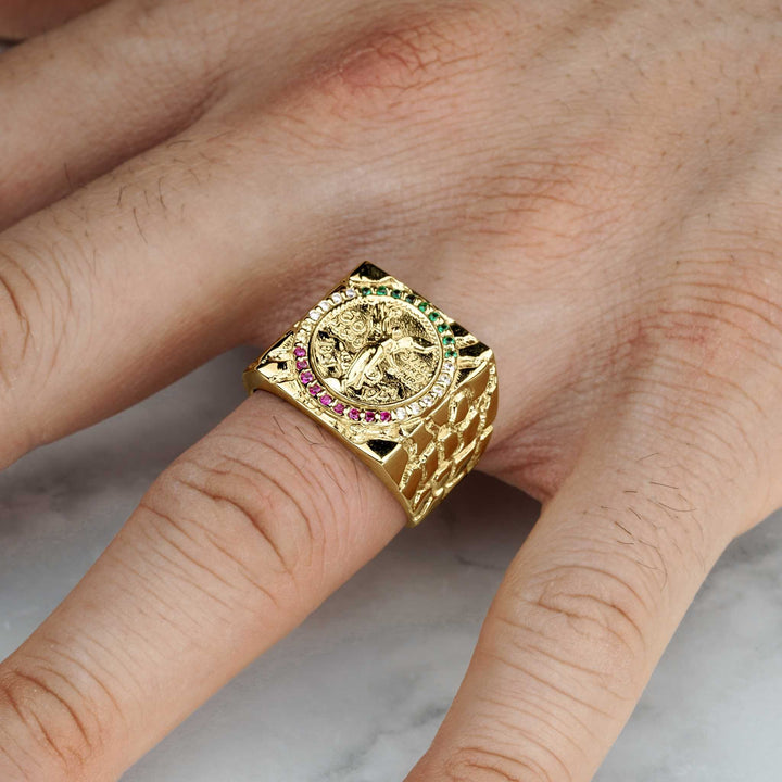 10k 14k gold Centenario 50 pesos square colored CZ ring lifestyle hand view.