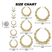 Size comparison chart for ten sizes of bamboo-design gold round hoop earrings with a coin for scale.