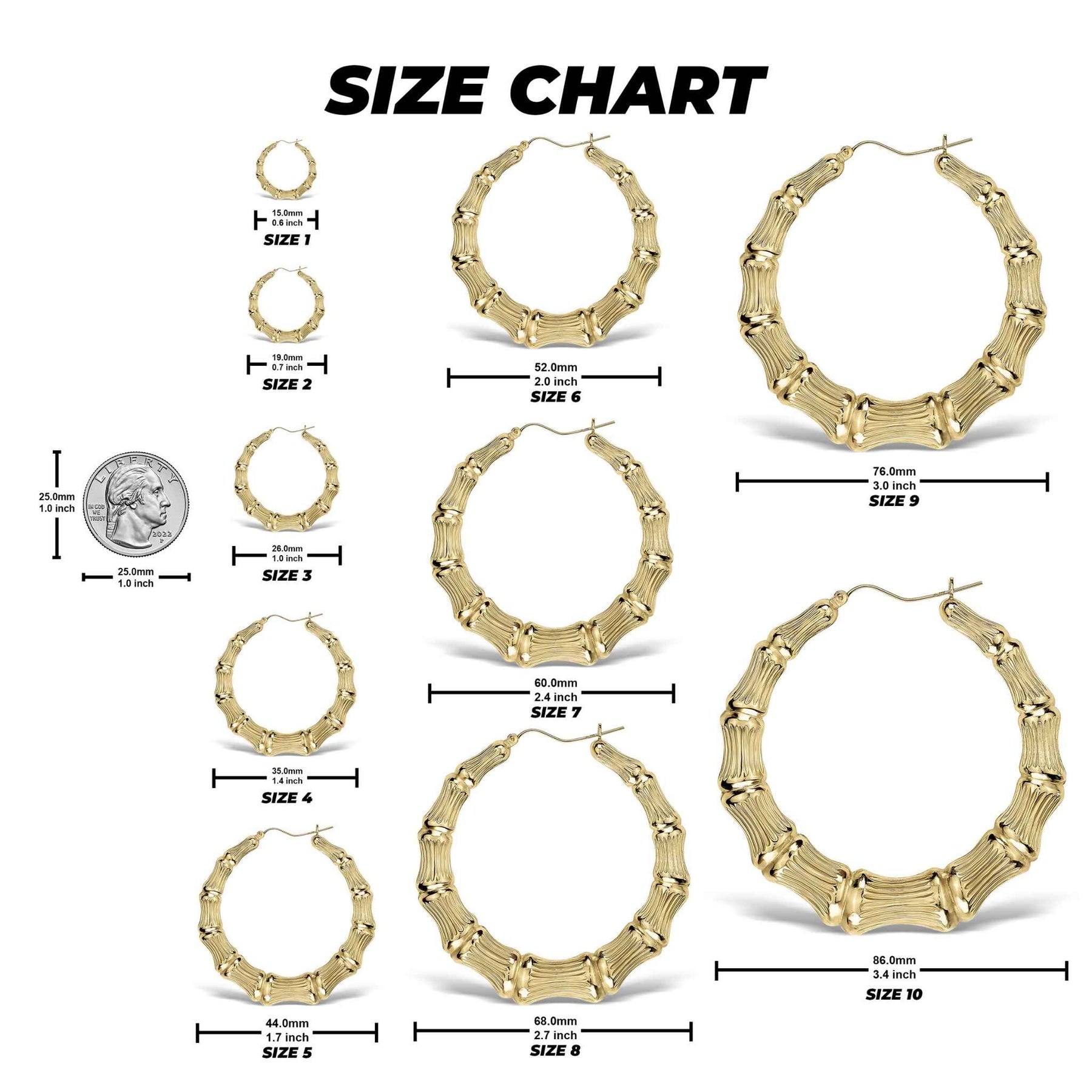 Size comparison chart for ten sizes of bamboo-design gold round hoop earrings with a coin for scale.
