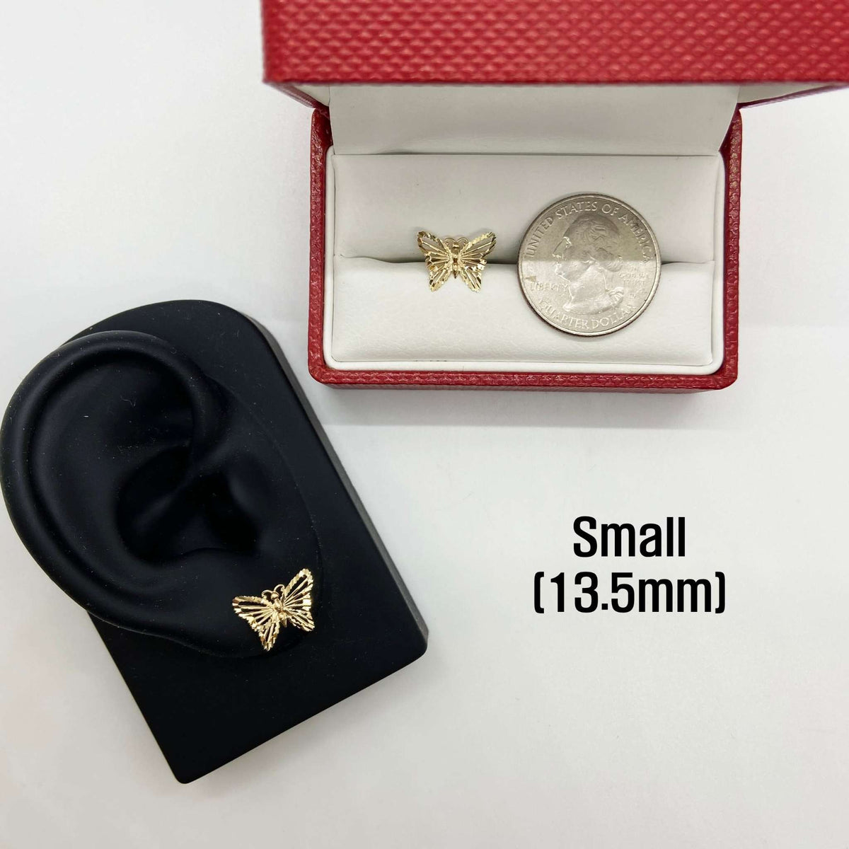 10k 14k gold classic butterfly stud earrings small 13.5mm size guide with quarter.