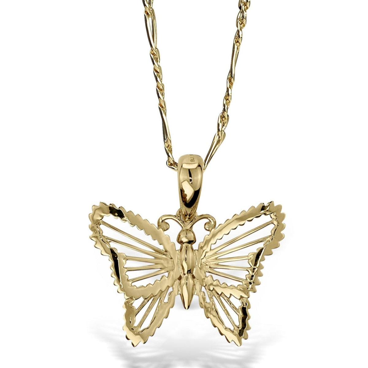 Polished yellow gold butterfly pendant necklace with an openwork wing design.