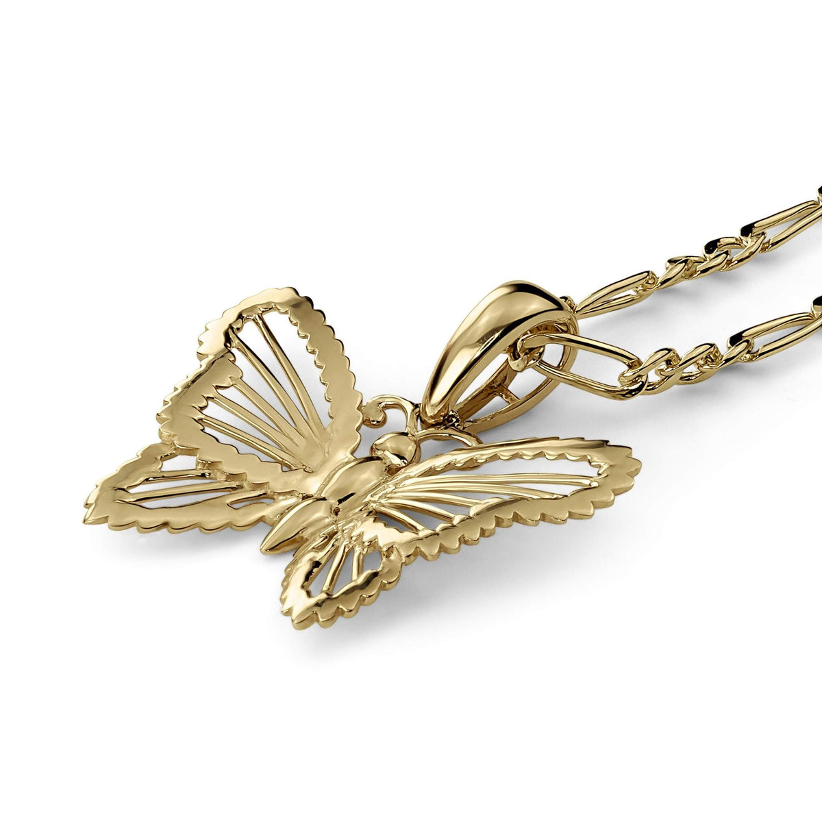 Polished gold butterfly pendant necklace with a matching link chain on a white background.