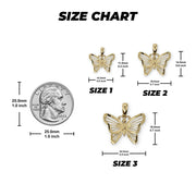 A size chart diagram comparing Size 1, Size 2, and Size 3 gold butterfly pendants alongside a U.S. quarter.