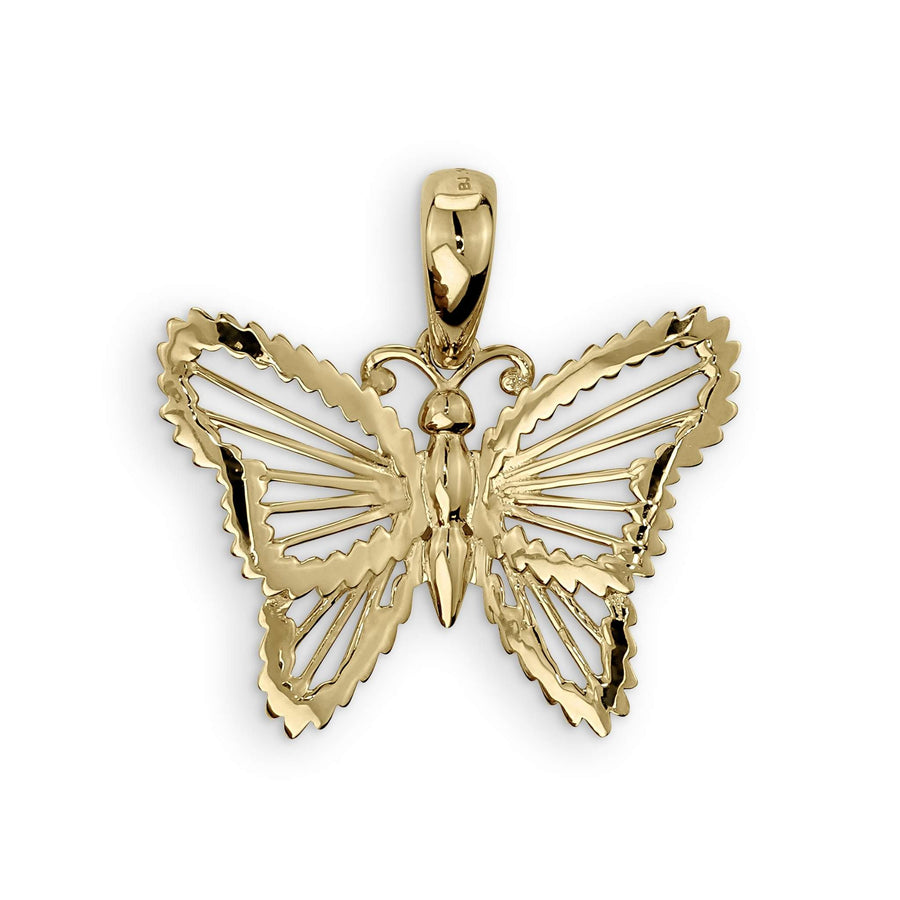 A polished yellow gold butterfly pendant with intricate wing detailing and a top bail.