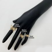 three 10k - 14k gold Butterfly shaped rings on a black mannequin hand.