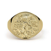 Yellow gold classic Centenario 50 Pesos round ring showcasing detailed coin face texturing.