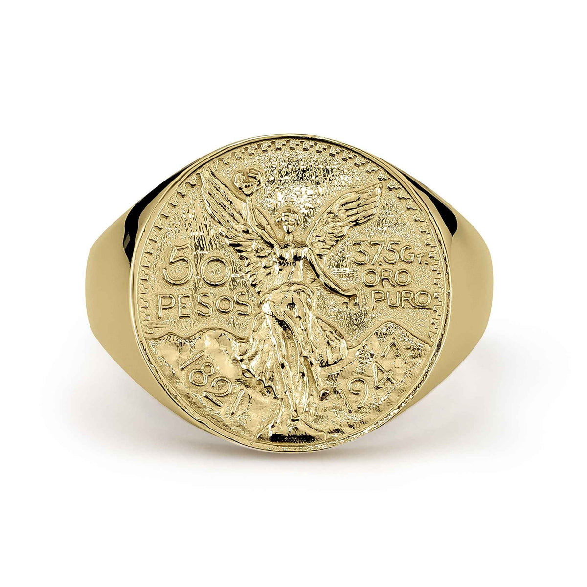 Yellow gold classic Centenario 50 Pesos round ring showcasing detailed coin face texturing.