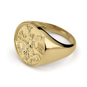Perspective view of a 10k or 14k gold classic round Centenario coin ring.