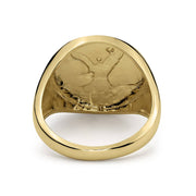 Underside view of a classic 10k or 14k gold Centenario round ring.