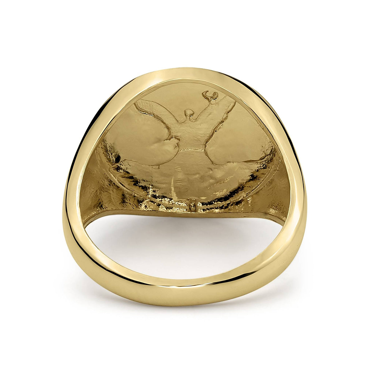 Underside view of a classic 10k or 14k gold Centenario round ring.