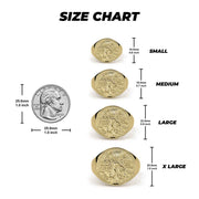 Classic round Centenario gold ring size chart displaying small through extra-large dimensions.