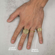 10k or 14k gold classic Centenario round rings in two sizes shown on a model's hand.