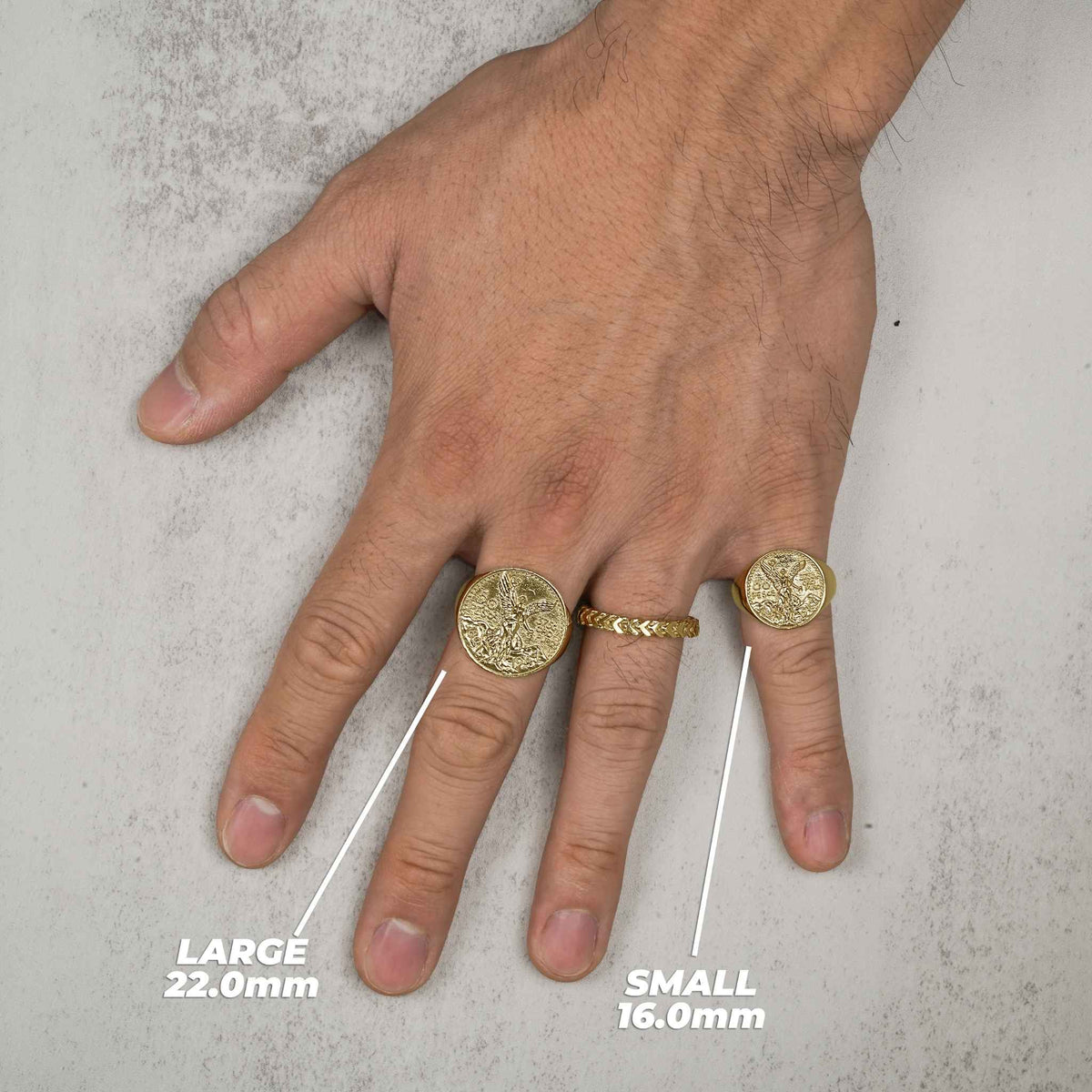 10k or 14k gold classic Centenario round rings in two sizes shown on a model's hand.