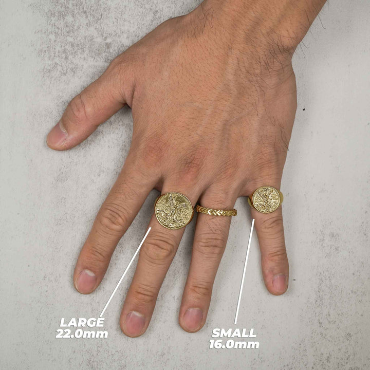 10k or 14k gold classic Centenario round rings in two sizes shown on a model's hand.