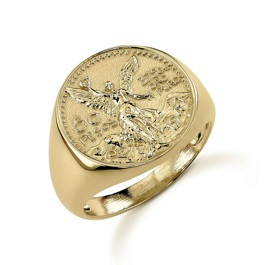 Yellow gold classic Centenario 50 Pesos round coin ring with smooth polished band.