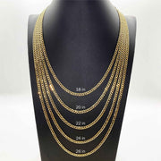Gold Cuban curb chain length comparison guide on bust display showing 18 to 26 inches.