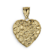 Textured 10k or 14k yellow gold heart-shaped nugget pendant with a polished bail, set against a white background.