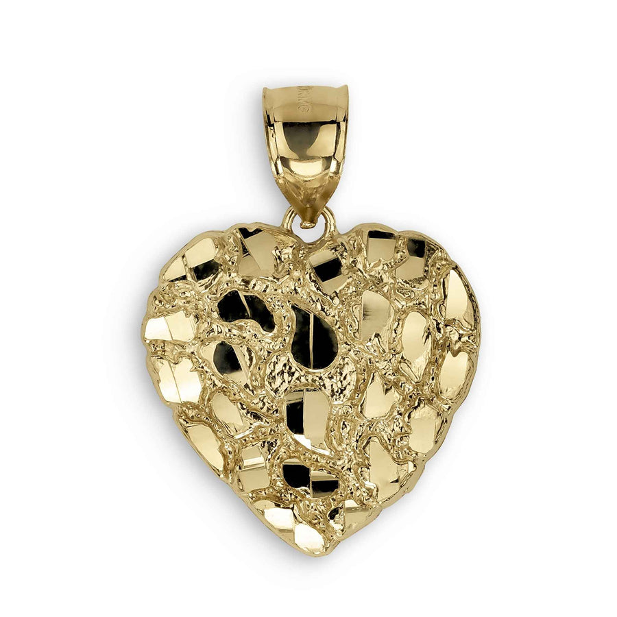 A textured gold heart-shaped pendant with a polished, faceted mosaic-like surface and a matching bail at the top.