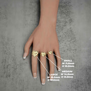 Size guide showing finger coverage and millimeter dimensions for three gold heart nugget rings.