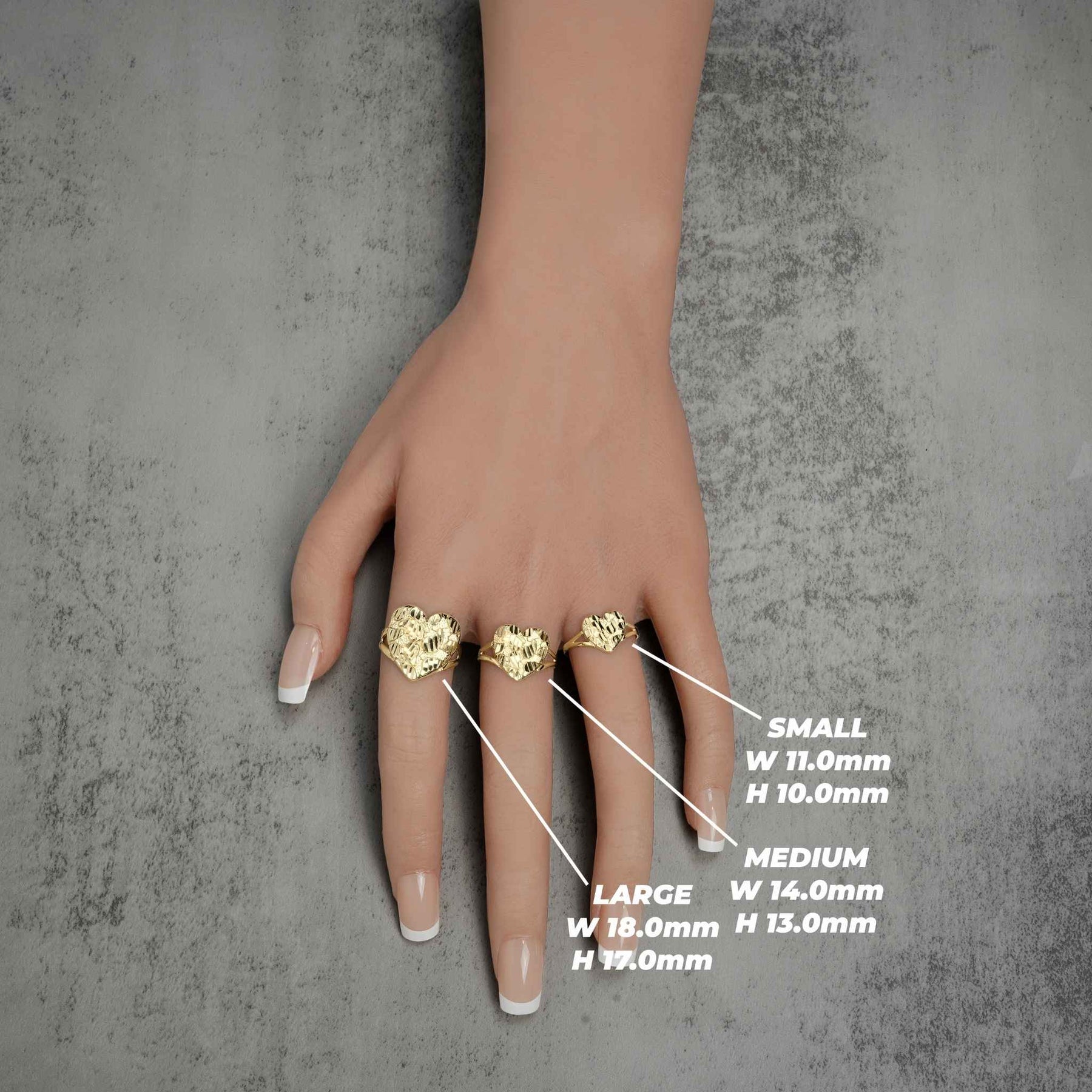 Size guide showing finger coverage and millimeter dimensions for three gold heart nugget rings.