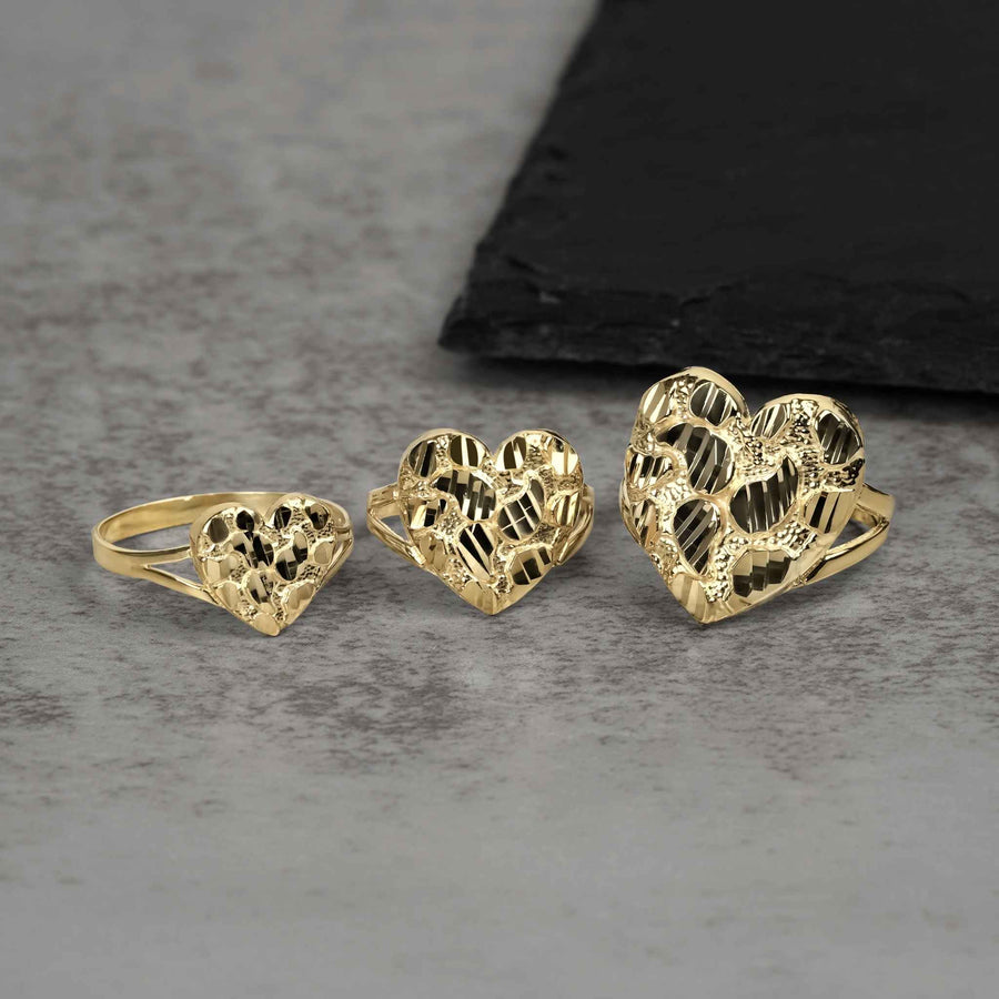 10k and 14k Gold Classic Heart Nugget DC Rings, three sizes product lineup.