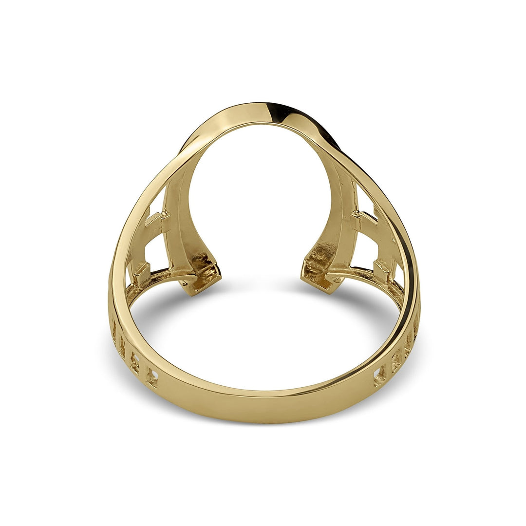 Back view of a gold horseshoe ring showing the hollow undercarriage design details.