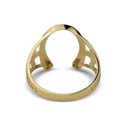 Back view of a gold horseshoe ring showing the hollow undercarriage design details.