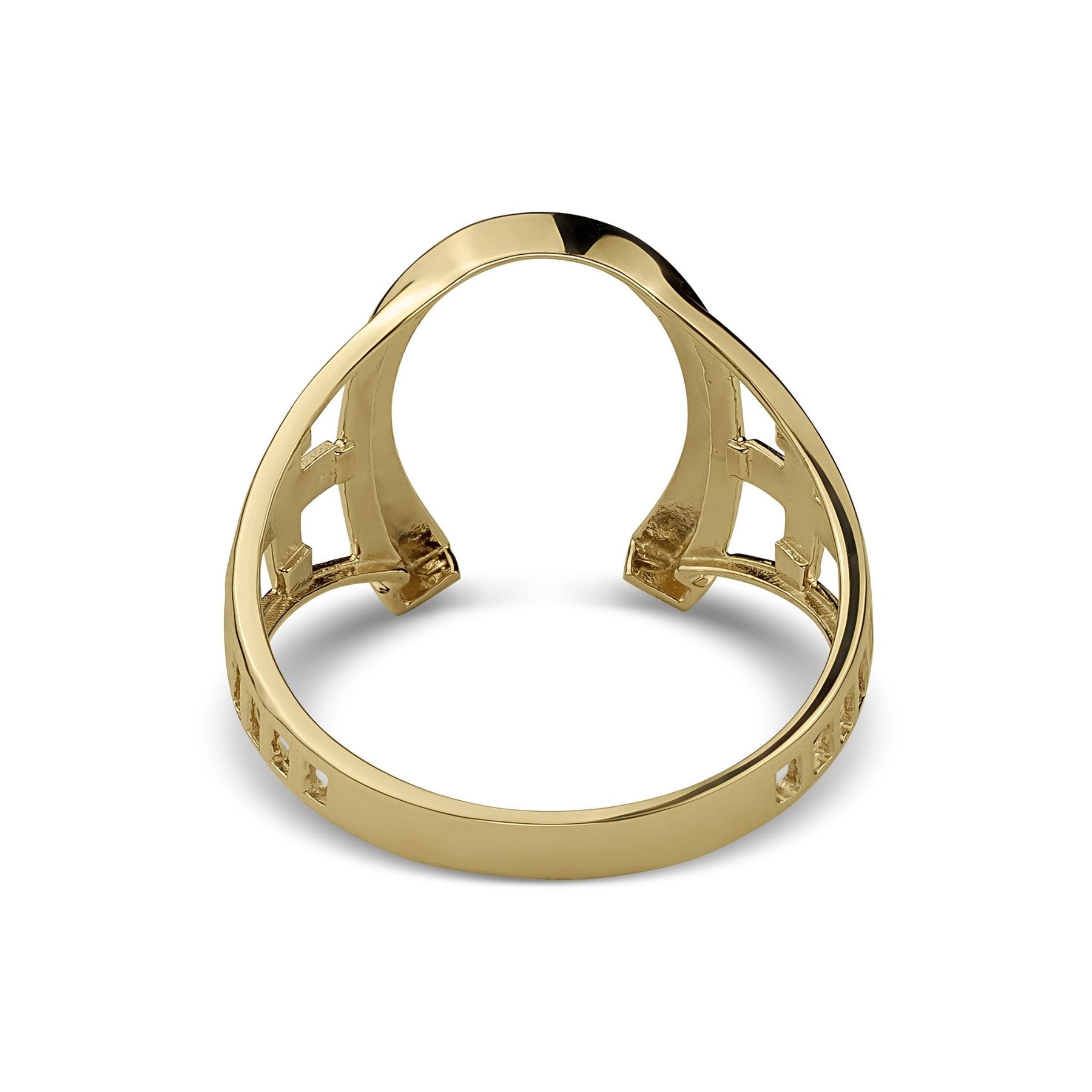 Back view of a gold horseshoe ring showing the hollow undercarriage design details.