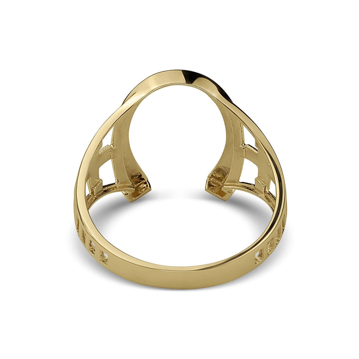 Back view of a gold horseshoe ring showing the hollow undercarriage design details.