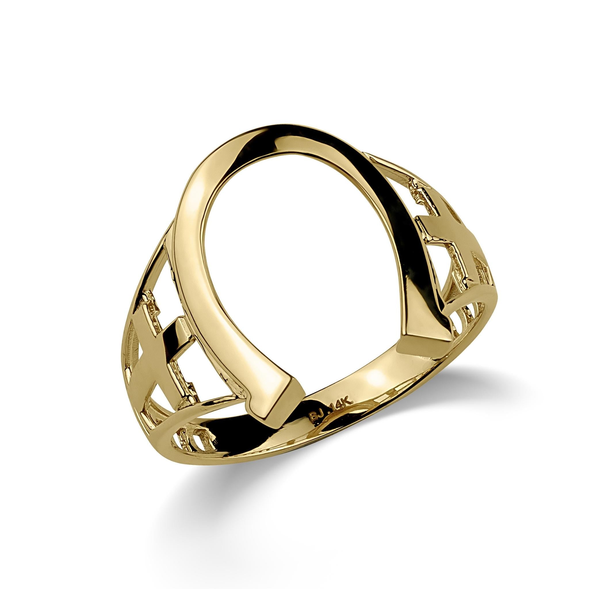 10k-14k gold classic horseshoe signet ring side view on a white background.