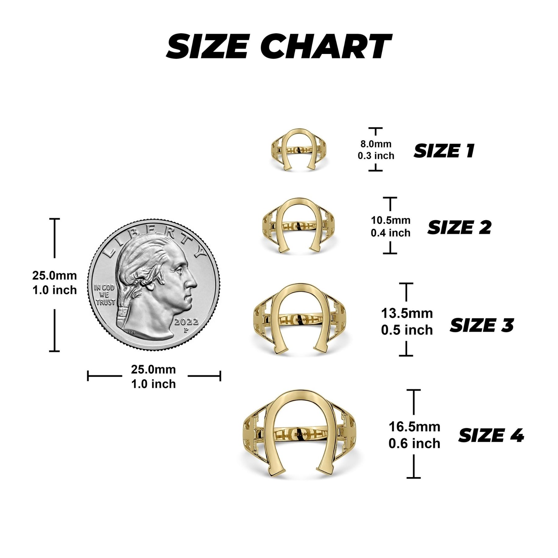 Ring size chart comparing four sizes of gold horseshoe rings to a US quarter.