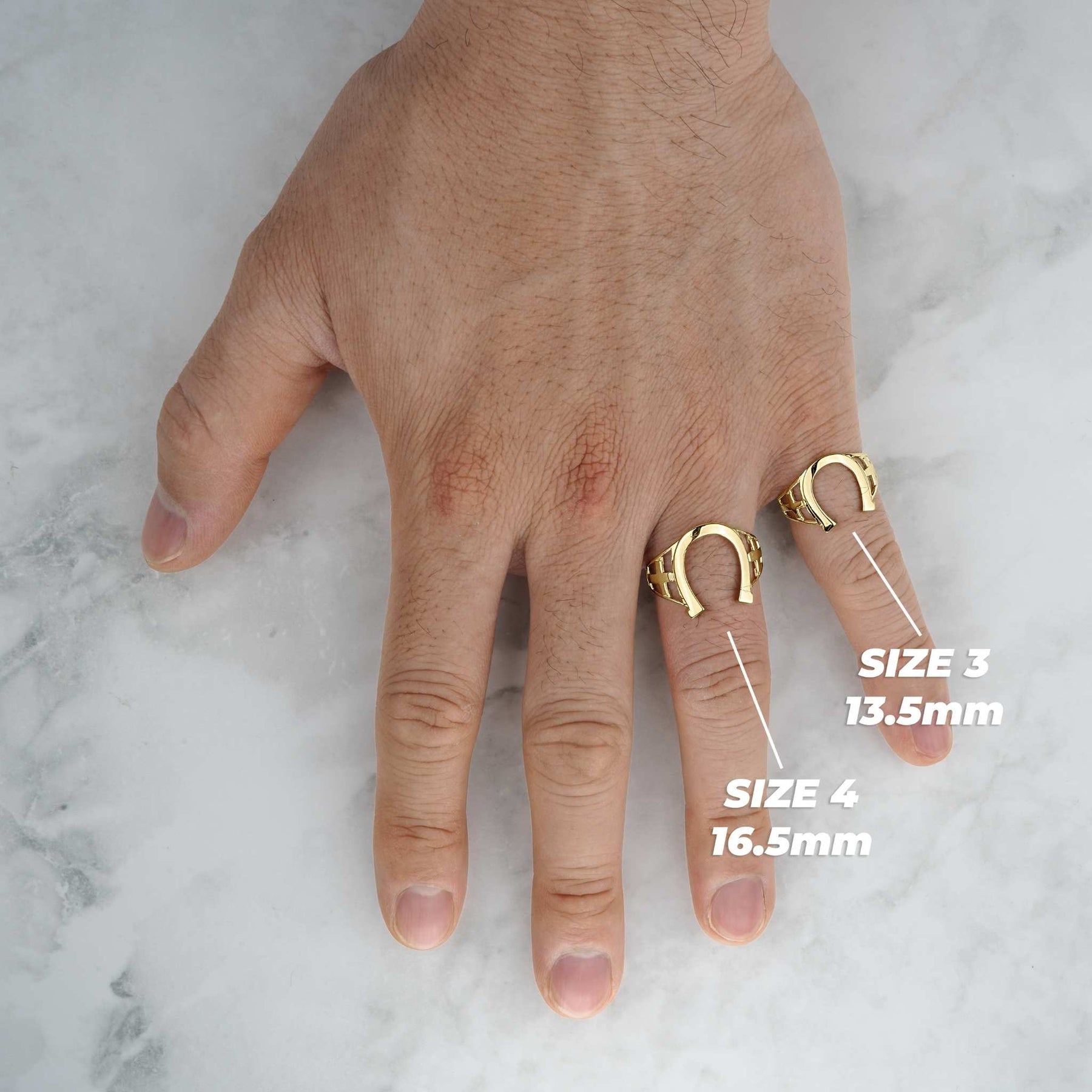 10k-14k gold classic horseshoe signet rings in Size 3 and Size 4.