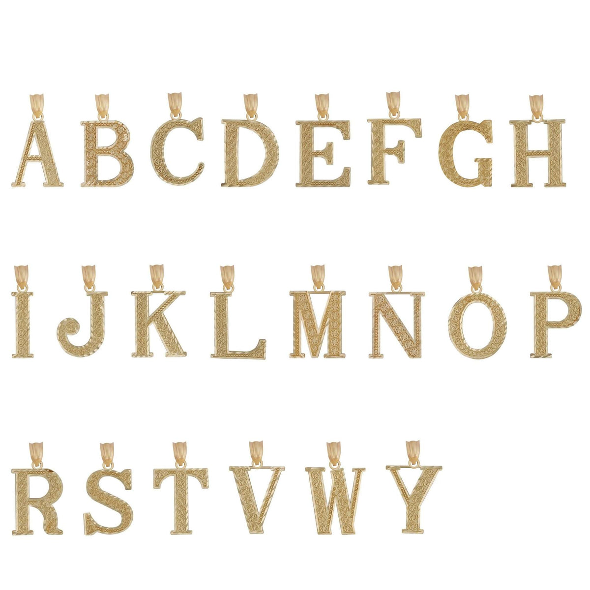 Grid display of gold block letter initial pendants from A to Y on white background.