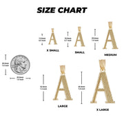 Size chart diagram displaying gold letter 'A' pendants in five sizes with millimeter and inch measurements.
