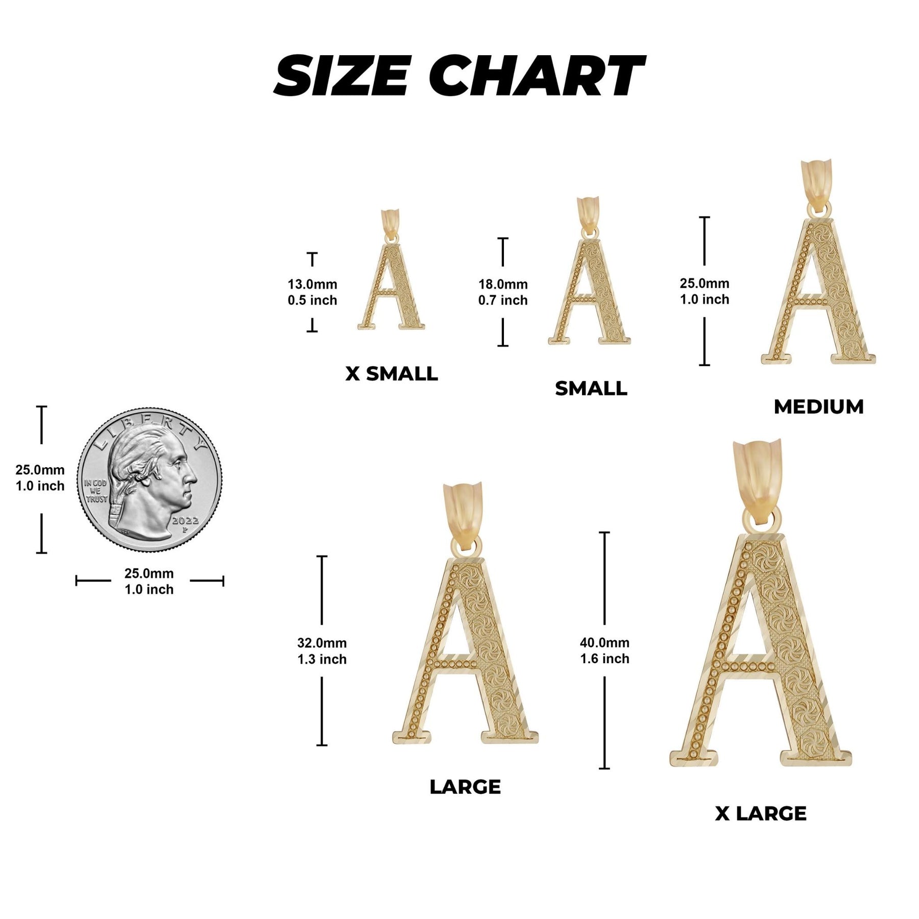 Size chart diagram displaying gold letter 'A' pendants in five sizes with millimeter and inch measurements.