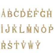 Full grid of sparkling gold diamond-cut initial letter pendants showcased on a white surface.