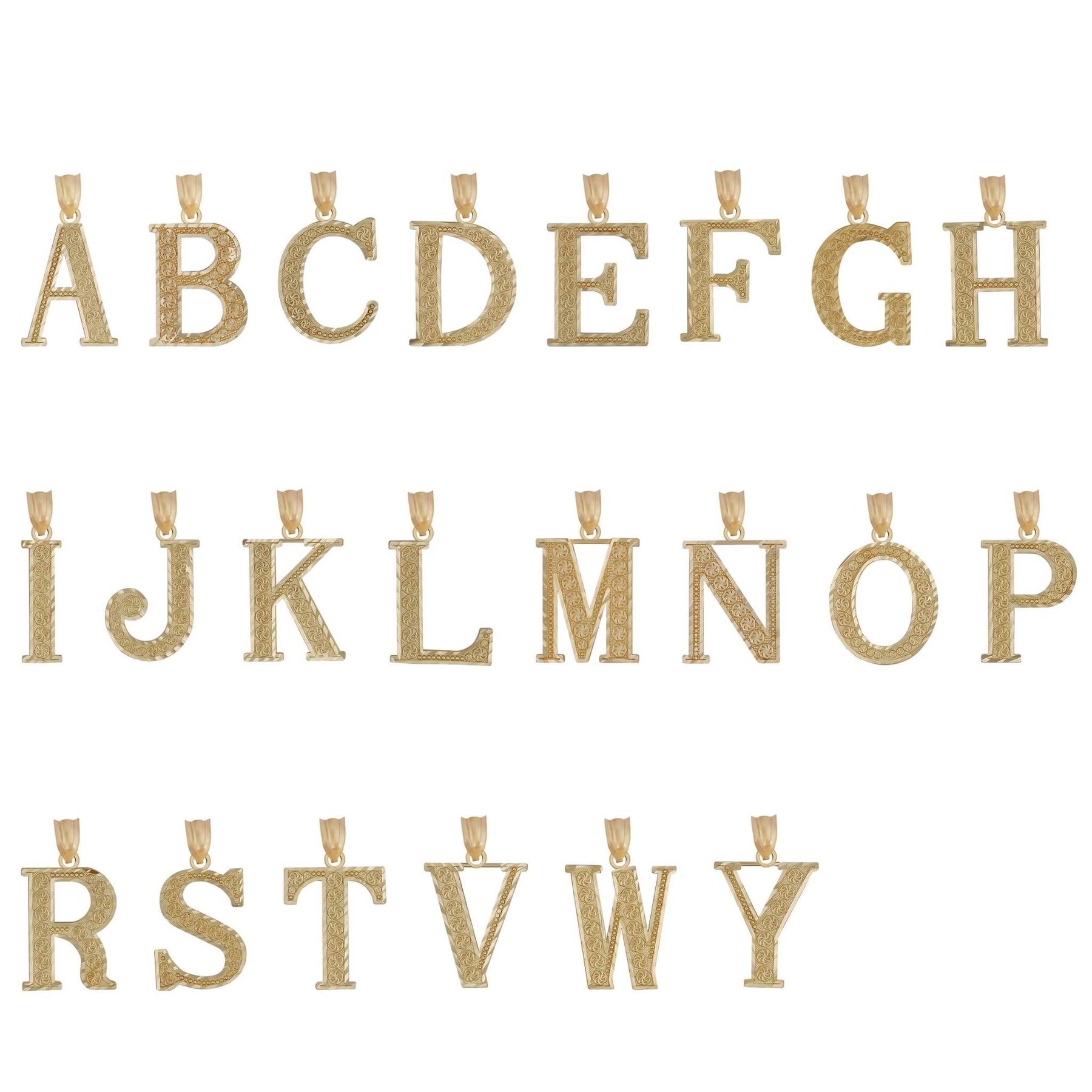 Full grid of sparkling gold diamond-cut initial letter pendants showcased on a white surface.