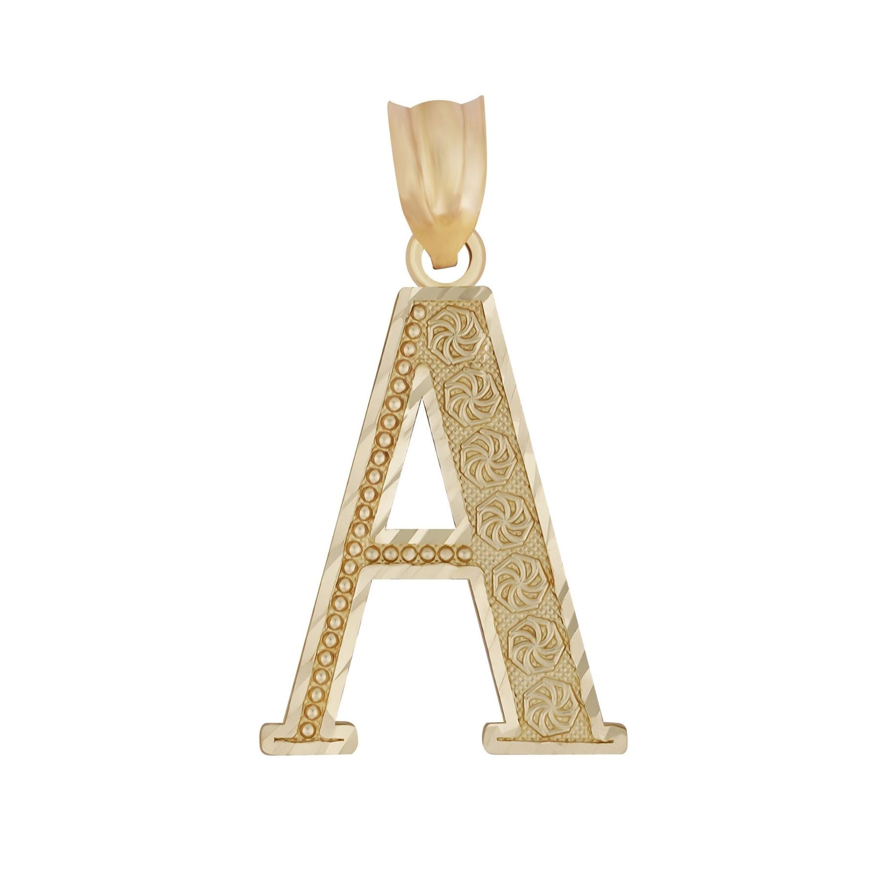 Ornate 14k yellow gold initial 'A' pendant with diamond-cut floral filigree and beaded trim.