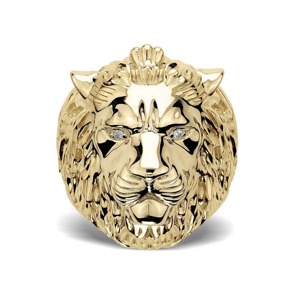 Intricately detailed yellow gold king lion head ring showcasing a textured crown and mane.