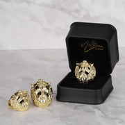 10k & 14k Gold Classic One-Tone Lion Ring displayed inside a luxury black gift box.