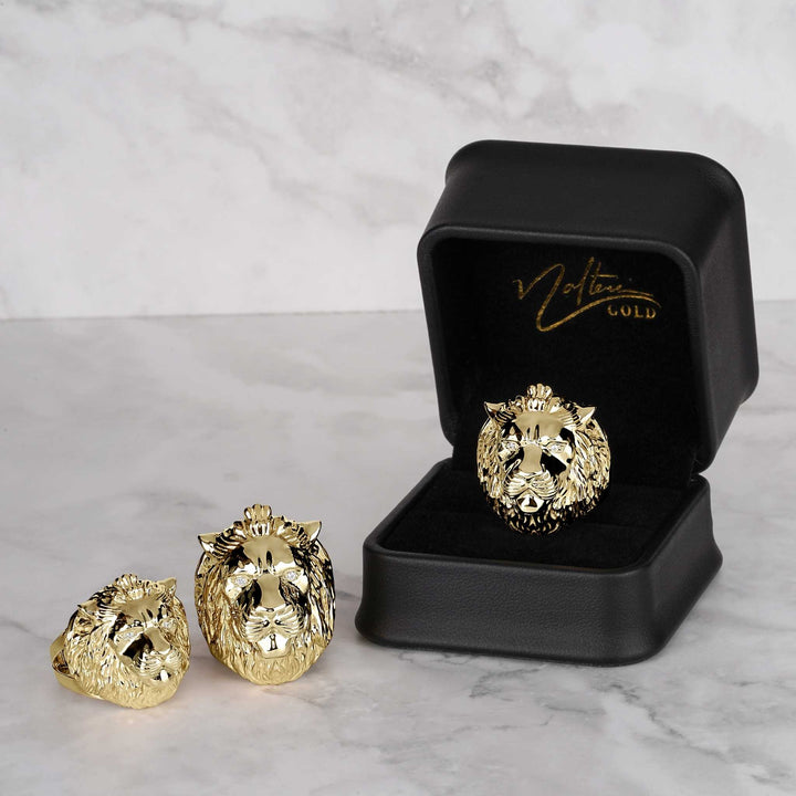 10k & 14k Gold Classic One-Tone Lion Ring displayed inside a luxury black gift box.