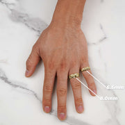 Hand model wearing 6.5mm and 8.0mm gold classic nugget band rings with width labels.