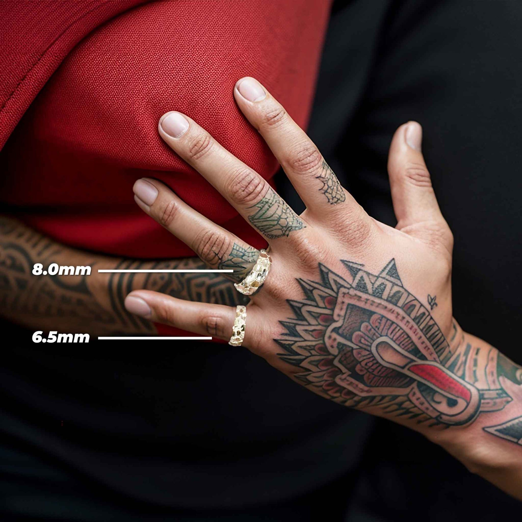 Width comparison chart for the 6.5mm and 8.0mm Classic Nugget Band Ring.