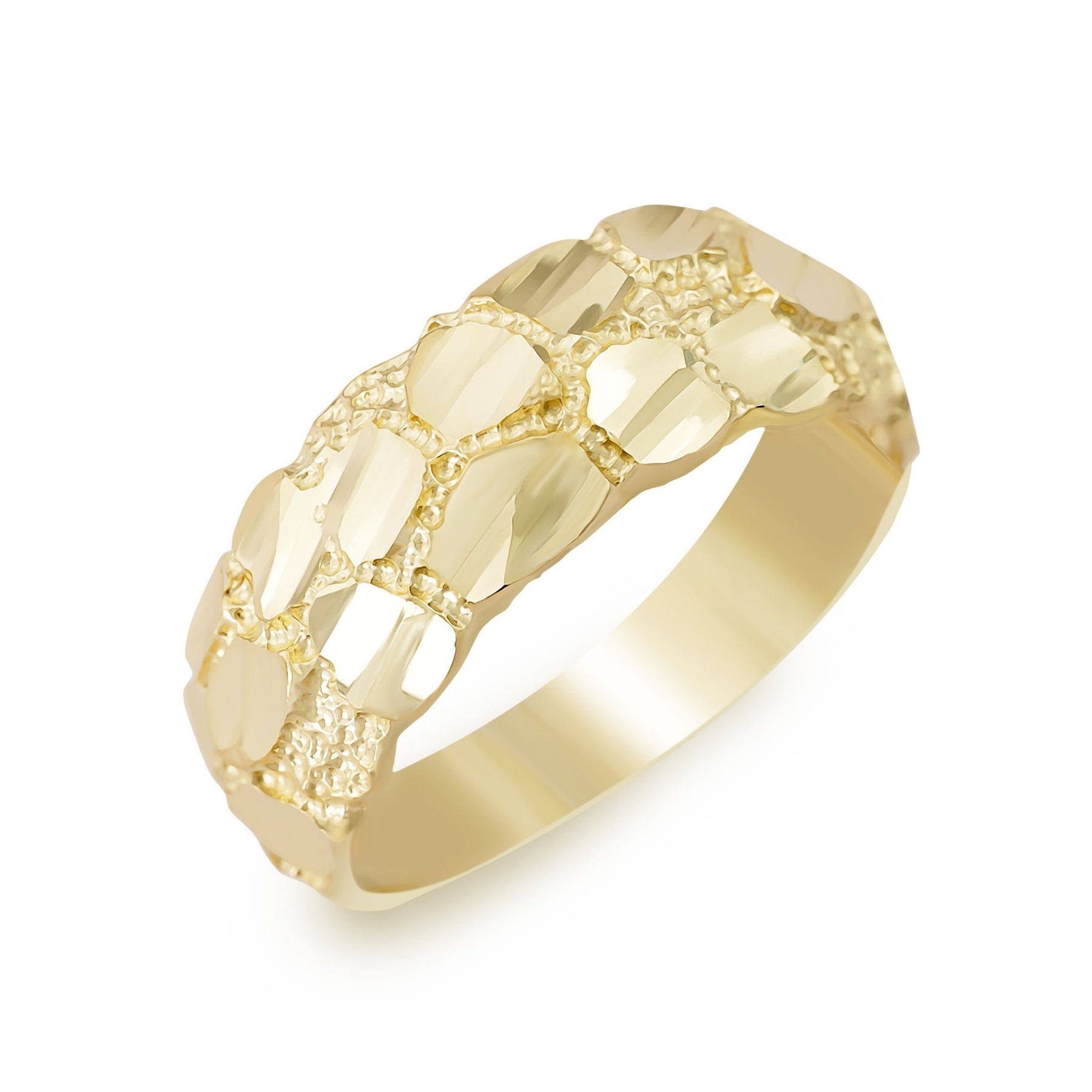 Close-up studio shot of a yellow gold band ring with a classic textured nugget design.