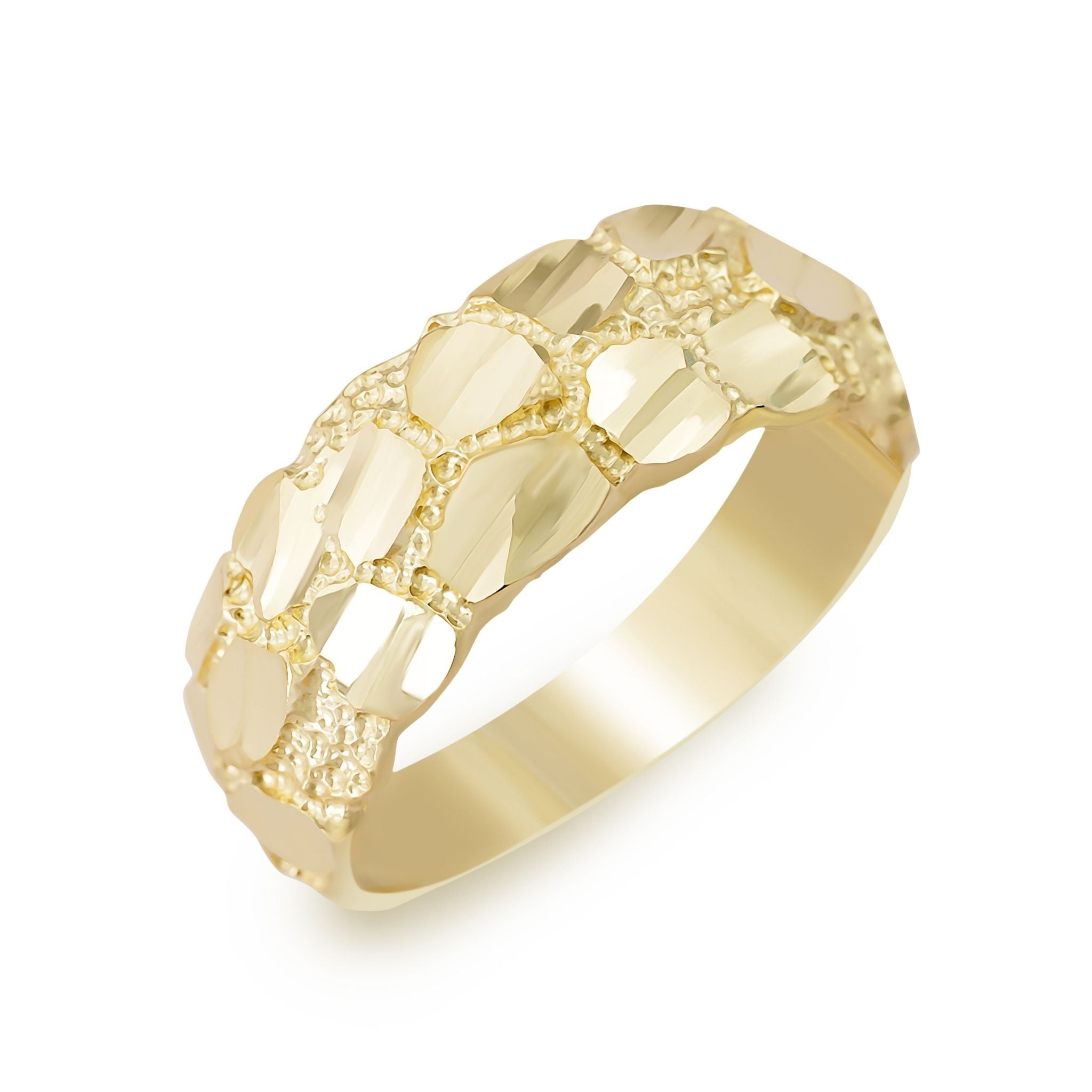 Close-up studio shot of a yellow gold band ring with a classic textured nugget design.