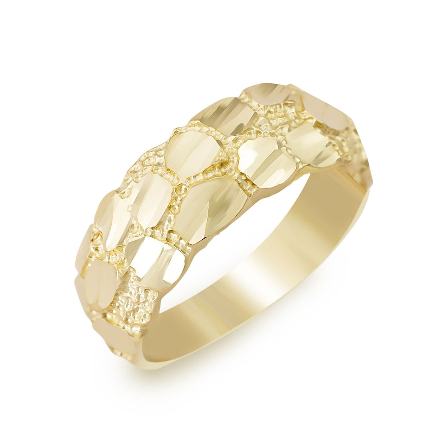 Close-up studio shot of a yellow gold band ring with a classic textured nugget design.
