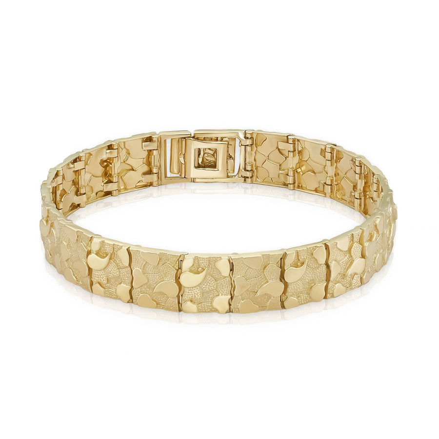 Yellow gold textured nugget link bracelet arranged in a full circle on white.