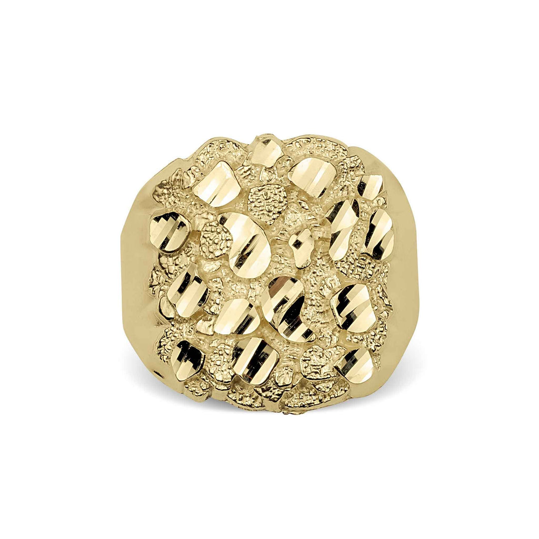 Top view of a yellow gold classic nugget oval ring on a white background.