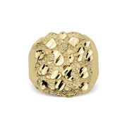 Top view of a yellow gold classic nugget oval ring on a white background.