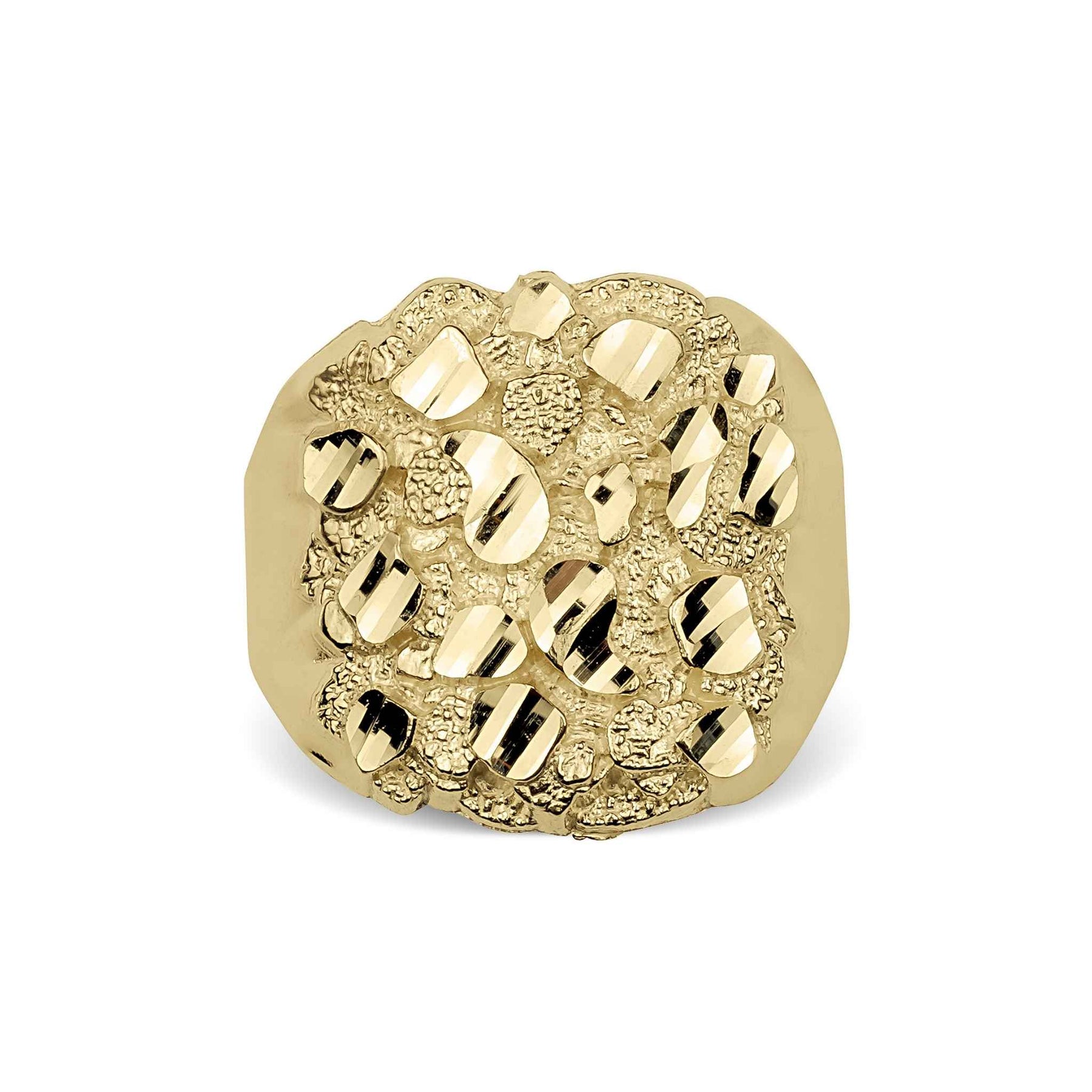 Top view of a yellow gold classic nugget oval ring on a white background.